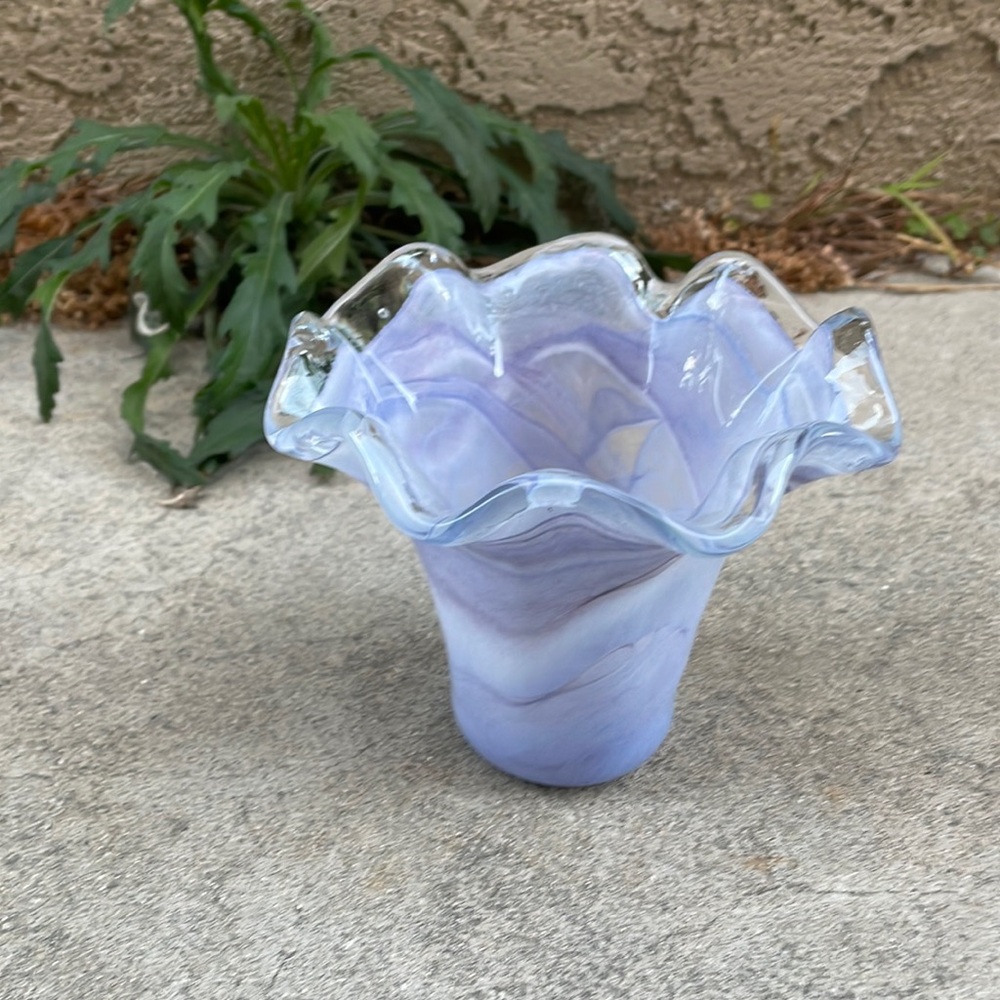 Blue/Purple , White and Clear Murano Glass Dish, Wave Trim